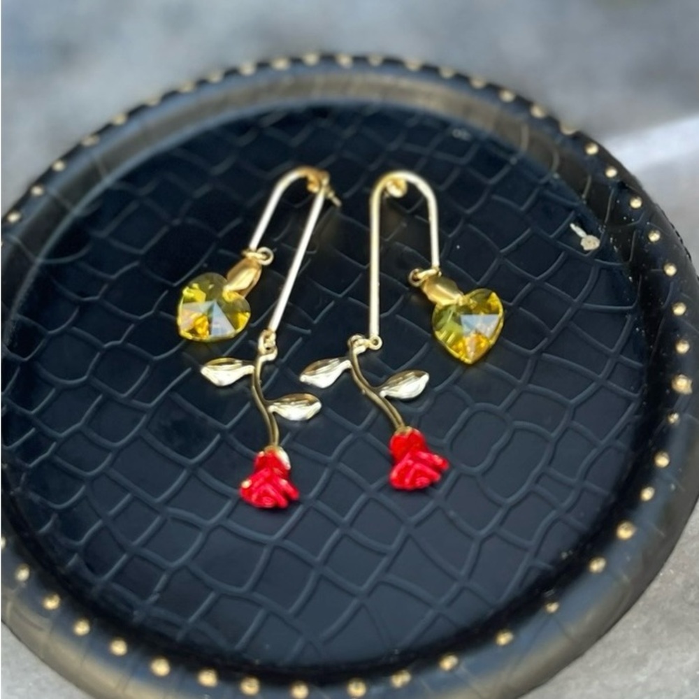 Gold and Red Floral Drop Earrings